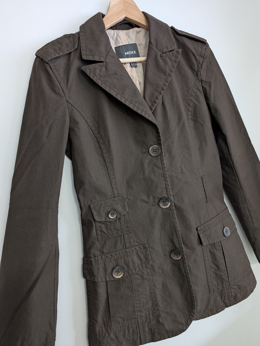 Mexx XS Cargo Button Coat Utility Fitted Jacket Brown Casual Cotton Lightweight